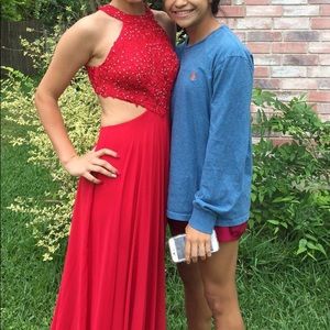 Red silver spotted/ open back prom dress